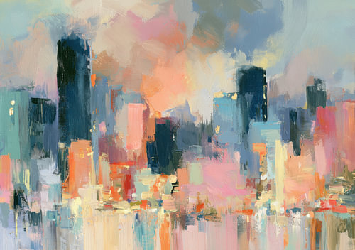 Silhouette urbaine abstraite aux couleurs pastel au coucher du soleil sur Niklas Maximilian