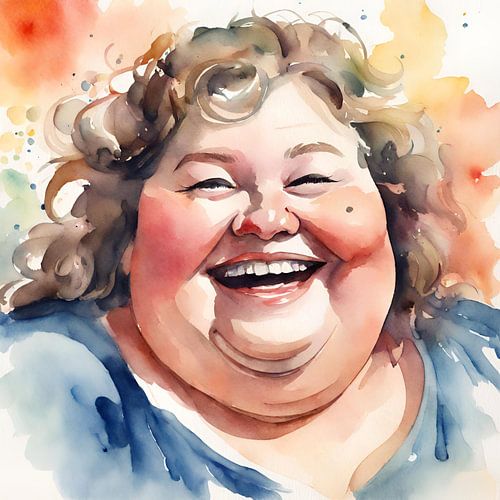 Gezellige dame met lang krullend haar en een schaterlach