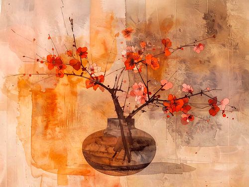 Japandi Stilleven.  Vaas met bloesem in Herfstkleuren