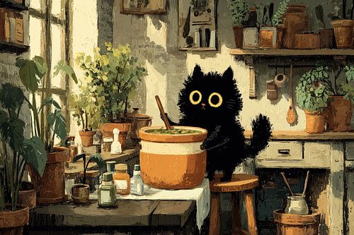 Een zwarte kat kookt soep in een pan