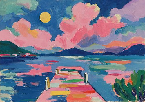 Roze wolken boven het meer bij volle maan