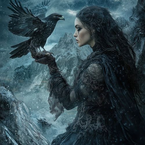 Gothic queen in de sneeuw met roofvogel