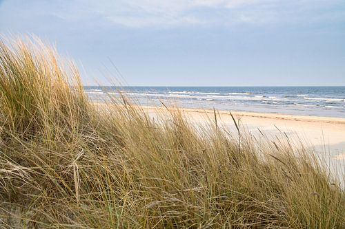 Uitzicht over het strand op Usedom met duinen aan de ene kant en de Baltische Zee aan de andere kant