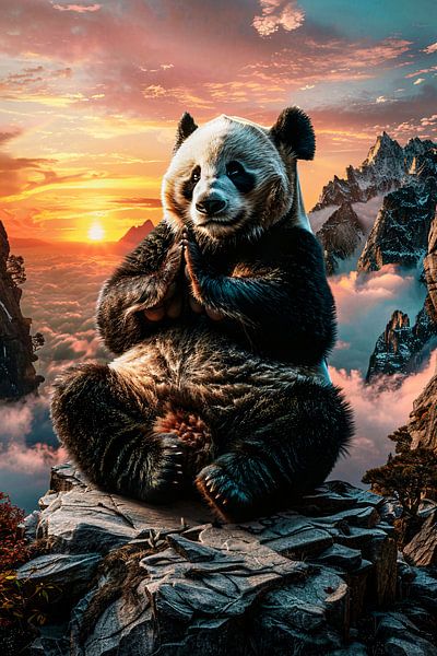 Un panda médite au sommet d'une montagne par Art & Soul Creations