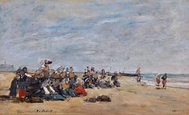 Berck, groep vissersvrouwen zittend op de oever, Eugène Boudin, 1875 van Atelier Liesjes