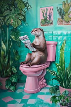 Otter leest krant in de badkamer van Poster Art Shop