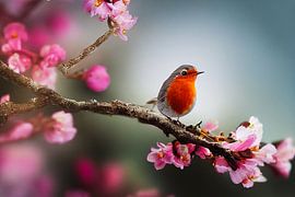 Rotkehlchen auf einem blühenden Kirschbaum im Frühling
