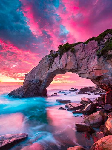 Zonsondergang met rotsen op het strand