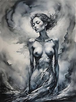 Femme mystique dans l'eau - Art sensuel en noir et blanc à l'aquarelle