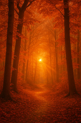 Herbstpfad von goldenen Sonnenstrahlen beleuchtet