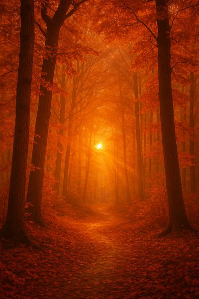 Chemin d'automne illuminé par des rayons de soleil dorés par Studio Juna