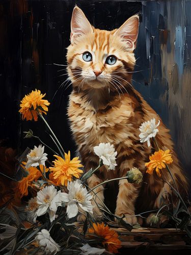 Rode kat met bloemen in artistieke stijl