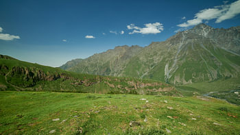 Mount Kazbek or Mount Kazbegi in Stepantsminda, Georgia daylight shot 