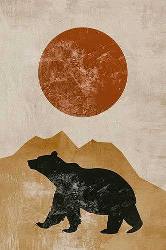 Minimalistische weergave van beer en bergen bij zonsondergang