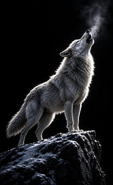 Ein weißer Wolf heult nachts auf dem Snowy Rock Peak