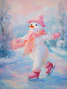 Schneemann auf Schlittschuhen in rosa Winterkleidung