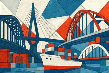 De haven van Hamburg in kubisme – bruggen, schepen en maritieme geometrie