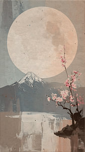 Zen Art. Japanische Berglandschaft mit Vollmond und Blütenzweig