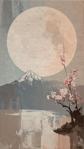 Zen Art. Japans berglandschap met volle maan en bloesemtak