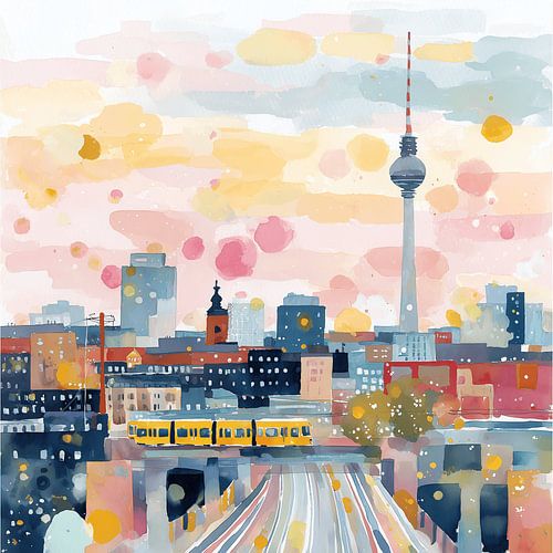 Watercolour view of Berlin featuring the TV tower and the Underground