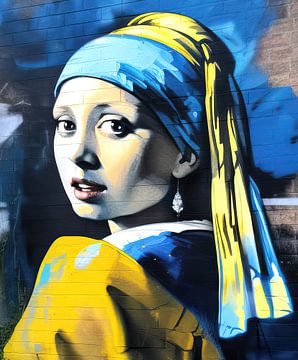 Fille avec une boucle d'oreille de perle | Banksy Style | Graffiti | Fille de Vermeer sur Blikvanger Schilderijen