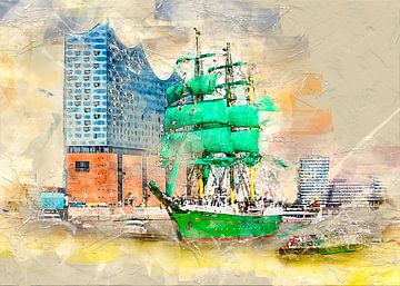 Hamburg Elbphilharmonie met het varende schip Alexander von Humboldt van Peter Roder