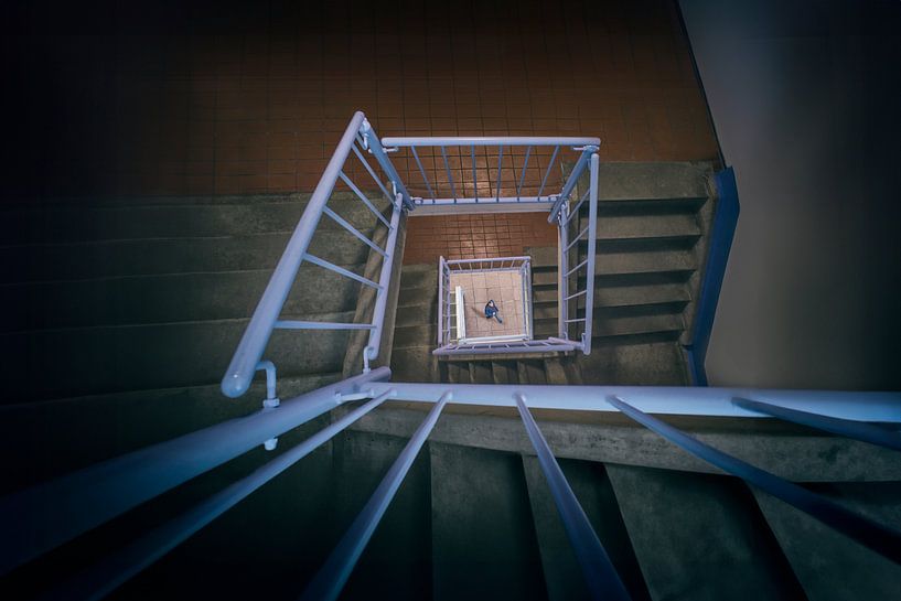 HDR Photography of Stairwell with Blue Dressed Passerby - Unique Artwork for Your Interior by Elianne van Turennout