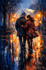 Peinture à l'huile représentant un couple marchant sous la pluie avec un parapluie sur Faheem Beigh