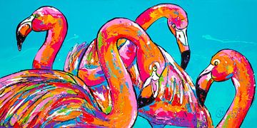 Kleurrijke Flamingo's van Happy Paintings