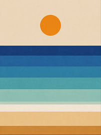 Coucher de soleil abstrait au bord de la mer, dans des tons de bleu, d'orange et de beige
