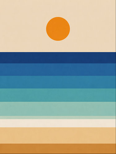 Abstrakter Sonnenuntergang am Meer in Blau Orange und Beige