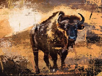 Big 5 - buffel in ruwe tekenstijl - zonsondergang in oranje taupe en zwart van Emiel de Lange
