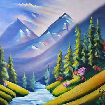 Bergen en rivier schilderij van Laly Laura
