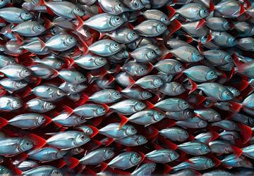 School Zilveren vissen met rode staart.