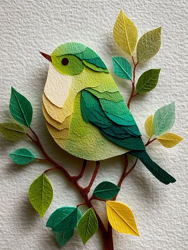 Kleurrijke vogel op tak – papiercollage illustratie