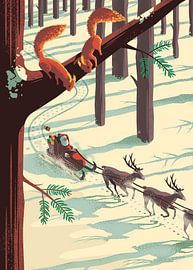 Santa in Reindeer Sleigh and Red Squirrels by Eduard Broekhuijsen