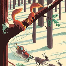 Santa in Reindeer Sleigh and Red Squirrels by Eduard Broekhuijsen