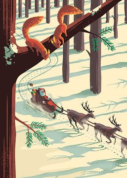 Kerstman in Rendierenslee en Eekhoorns van Eduard Broekhuijsen