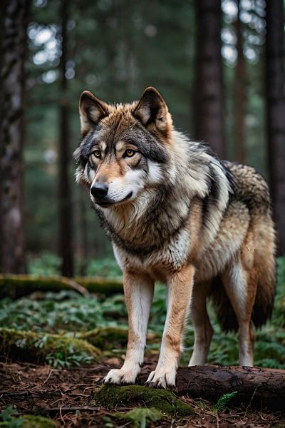 Beautiful wolf in a green forest landscape by Art & Soul Creations