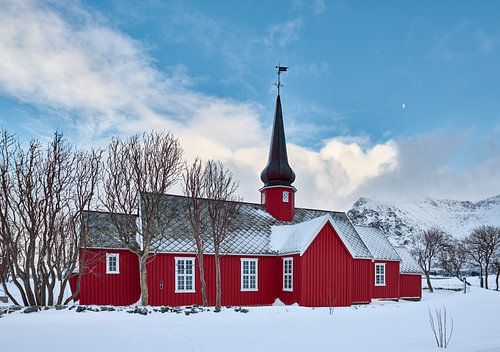 Red church of Flakstad in winter landscape, Lofoten