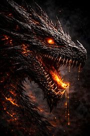 Ferocious Black Fire Dragon with Glowing Ember Eyes by Faheem Beigh