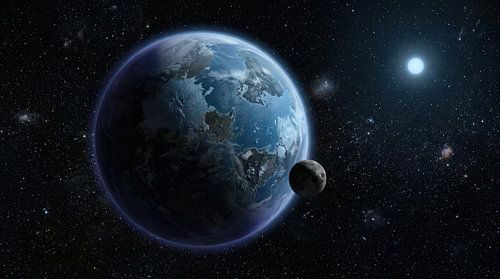 Exoplanet with Moon and Distant Starfield