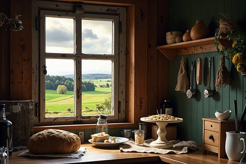 Rustige landelijke keuken met uitzicht op het veld