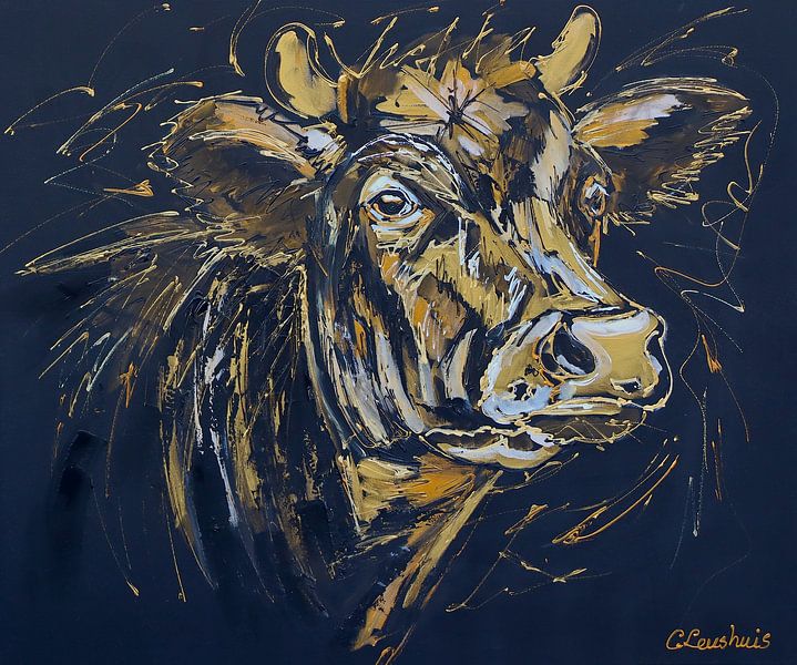 Schwarz/goldene Kuh von Vrolijk Schilderij
