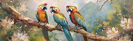 Tropical artwork - panorama - three macaw parrots by Emiel de Lange