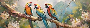 Tropisch kunstwerk - panorama - drie ara papegaaien van Emiel de Lange