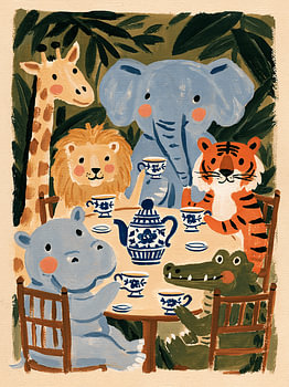 Jungle Tea Party – Kunstdruck mit Löwe, Tiger und Elefant
