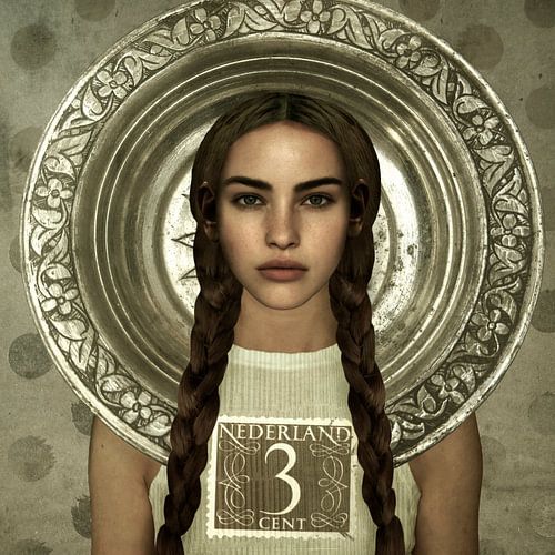 Portrait d'art « "Zeeuws meisje" » - Timbre vintage argenté sur Yvonne Zeldenthuis