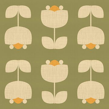Vintage patroon met tulpen in groen, crème, geel van Dina Dankers