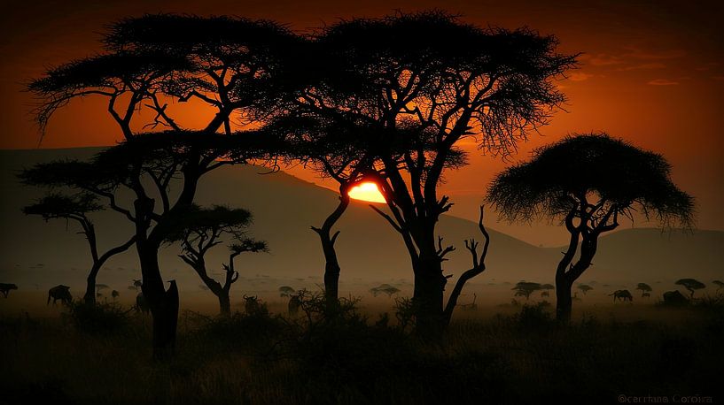 Coucher de soleil dans la savane africaine du Serengeti par Egon Zitter